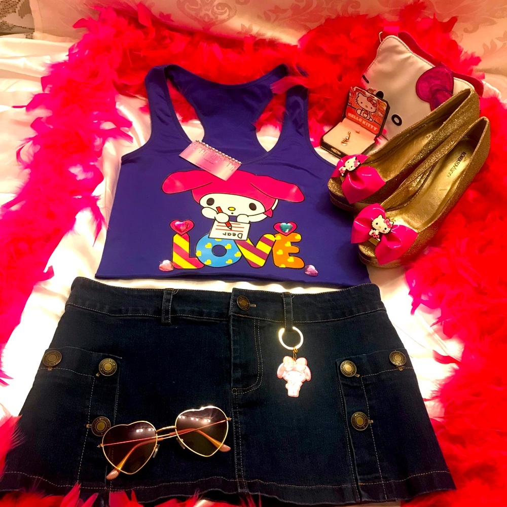 vintage y2k my melody 💖custom top and skirt with Sanrio belly earring🍭